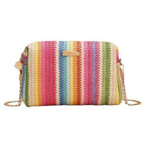 Straw Tote Bag Rainbow Striped Casual Beach Shoulder Bag Summer ^-^